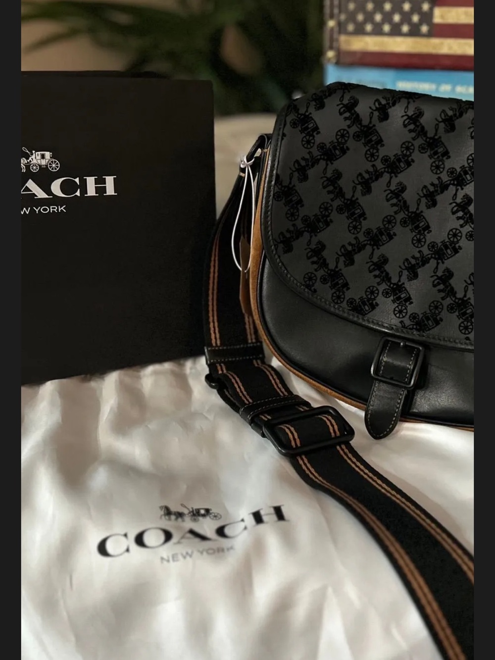 Coach Black & Tan Signature Crossbody Bag with Striped Strap